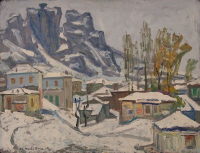 Kalambaka with Snow, Rocks in Background — Oil painting, Fiberboard, 50.00×65.00cm — Theodoros Markellos